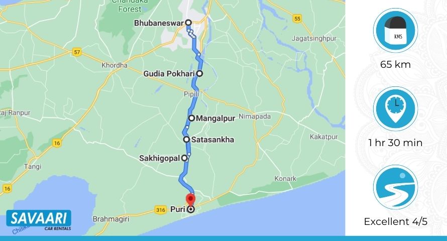 Bhubaneswar to Puri via Bhubaneswar - Puri Highway