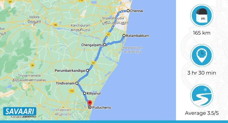 Chennai to Pondicherry Map 02