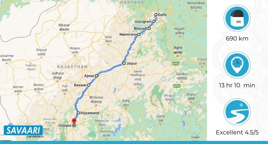 Delhi to Udaipur Map