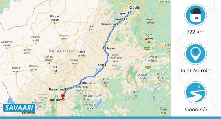 Delhi to Udaipur Map