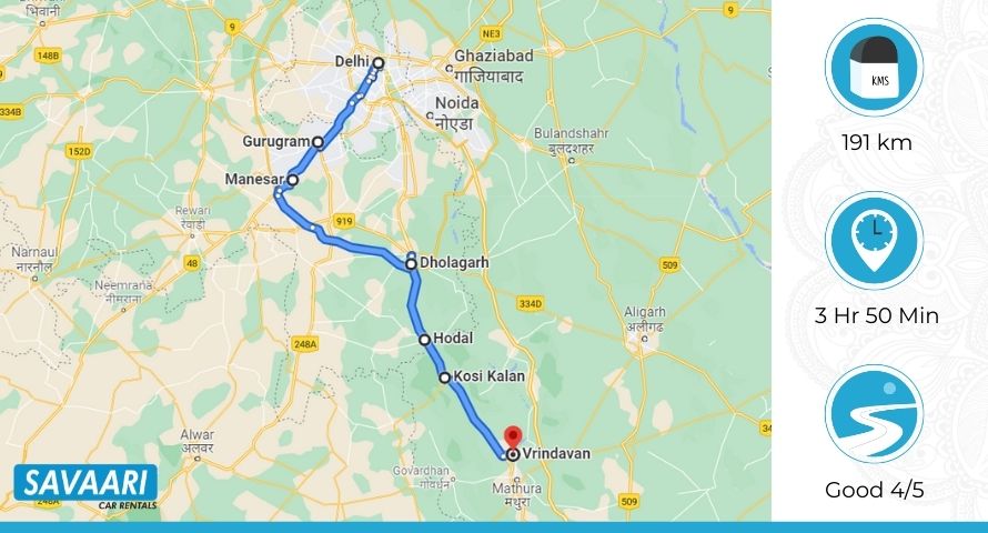 Delhi to Vrindavan via NH19 and NH 44