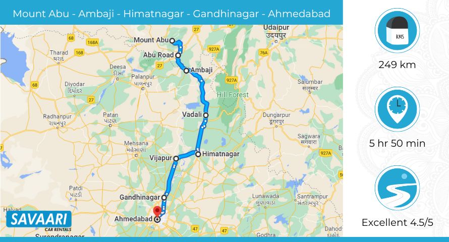 Mount Abu to Ahmedabad via Gandhinagar-Vijapur Road