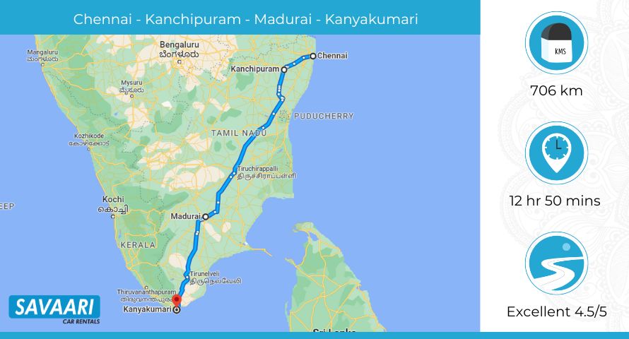 Chennai to Kanyakumari via Chennai - Theni Highway